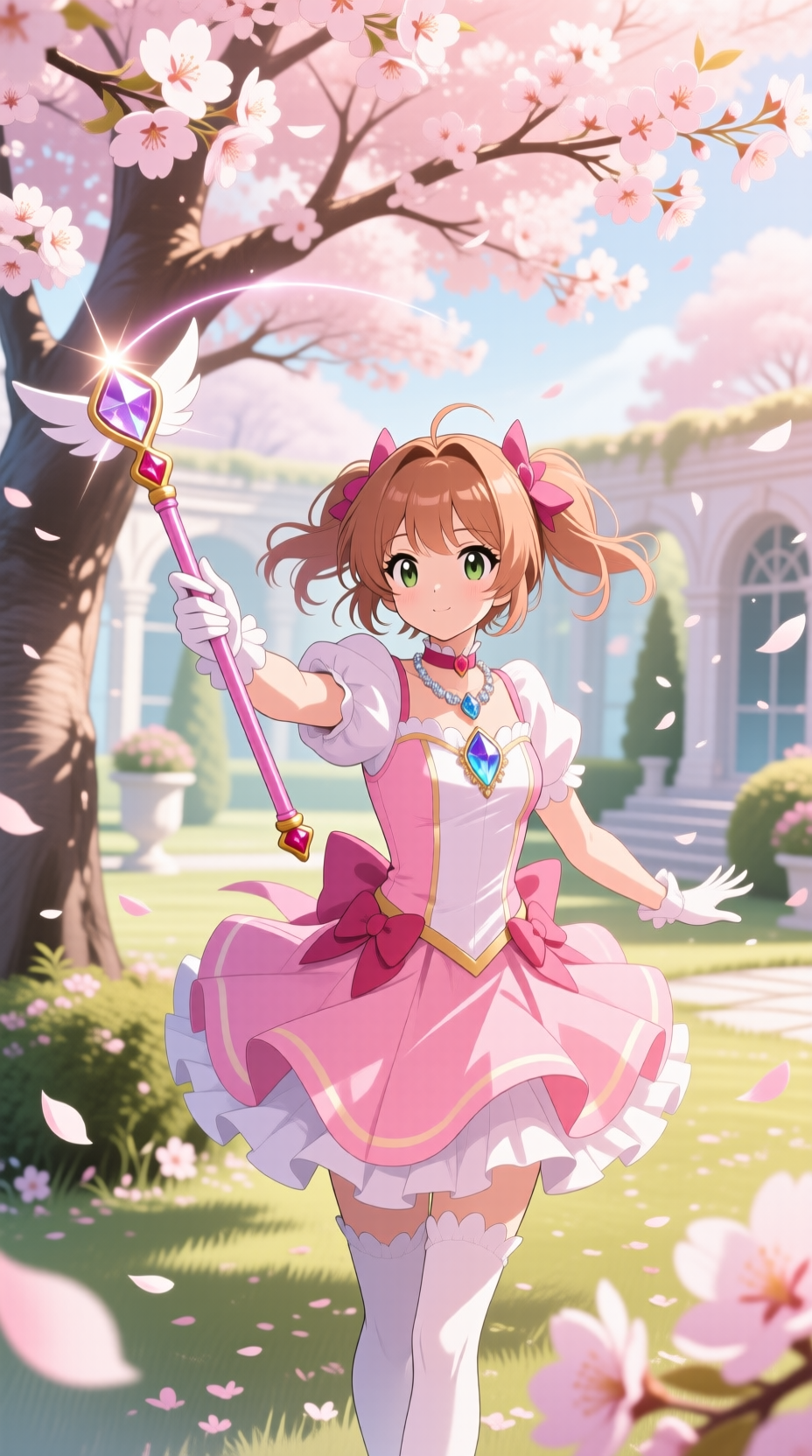 樱花树下的幻想庭院里,魔法少女挥舞着闪亮魔杖施法,穿着粉色战斗裙,水晶项链在阳光下闪烁,柔和晨光洒落在花瓣上,氛围梦幻浪漫,动漫插画风格,中景构图,清晰锐利,精致细节