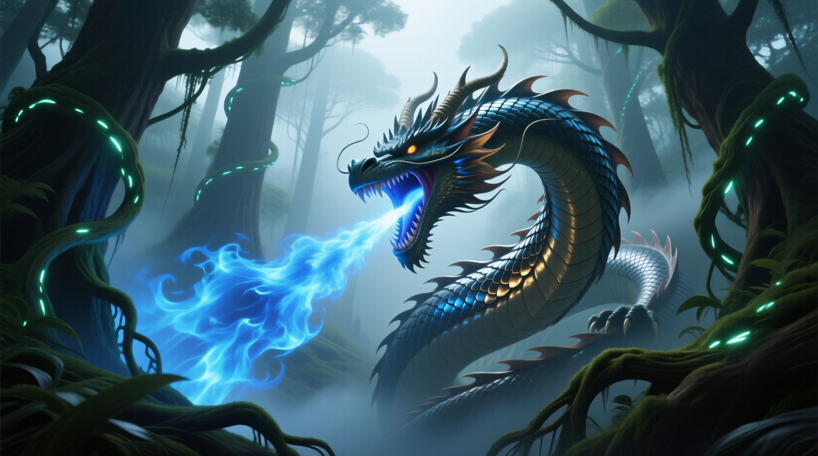 高耸的奇幻森林里,一条巨龙盘旋在发光藤蔓间,张开巨口喷射蓝色火焰,鳞片闪烁金属光泽,晨雾环绕,光线戏剧化,史诗奇幻风格,概念艺术,广角镜头呈现宏大场景,8K超高细节