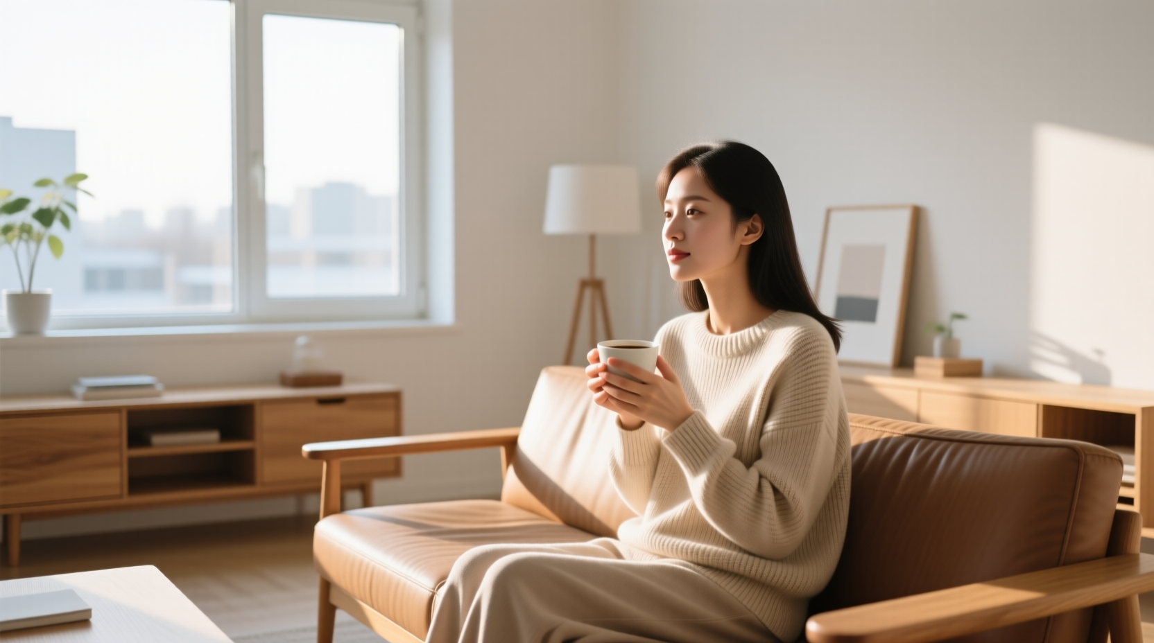 现代北欧风格的极简公寓里,一位女性坐在木质沙发上手捧咖啡,穿着柔和色针织衫,阳光透过大窗洒入室内,干净明亮的环境,氛围温暖宁静,摄影写实风格,中景构图,光影柔和,8K高清