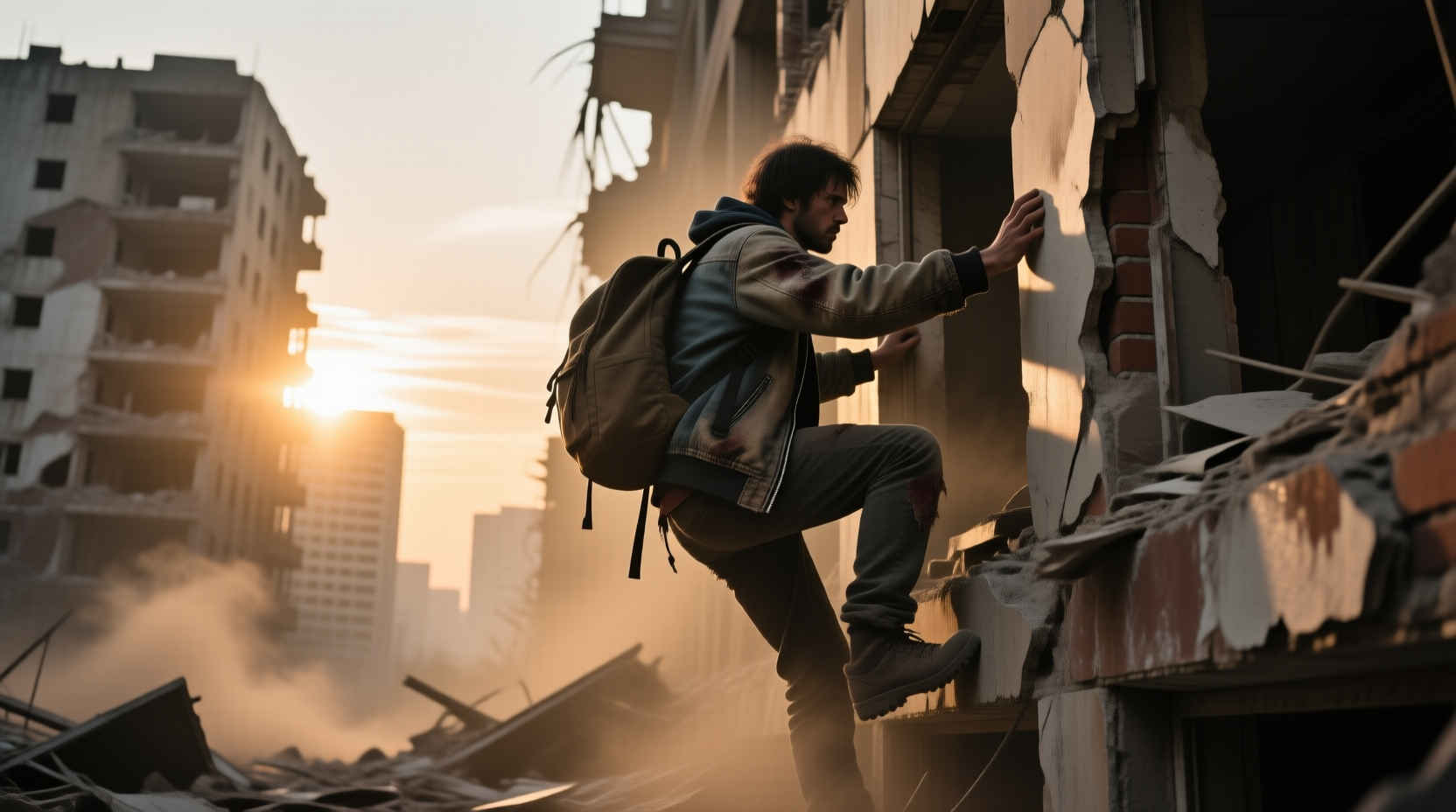 在废墟般的末日城市中,一名幸存者攀爬破损建筑,身穿破旧夹克,肩背背包,夕阳从残垣间照射进来,灰尘弥漫,气氛紧张又孤独,电影级写实风格,低角度广角镜头,精细纹理和高对比度光影
