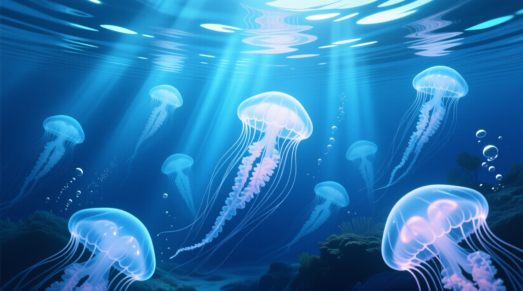 水下深海场景里,一群发光水母漂浮在蓝色光晕中,光线从水面穿透,反射出梦幻色彩,宁静而空灵,超写实数字绘画风格,广角视野展现层次感,8K超高清,光影和质感细致