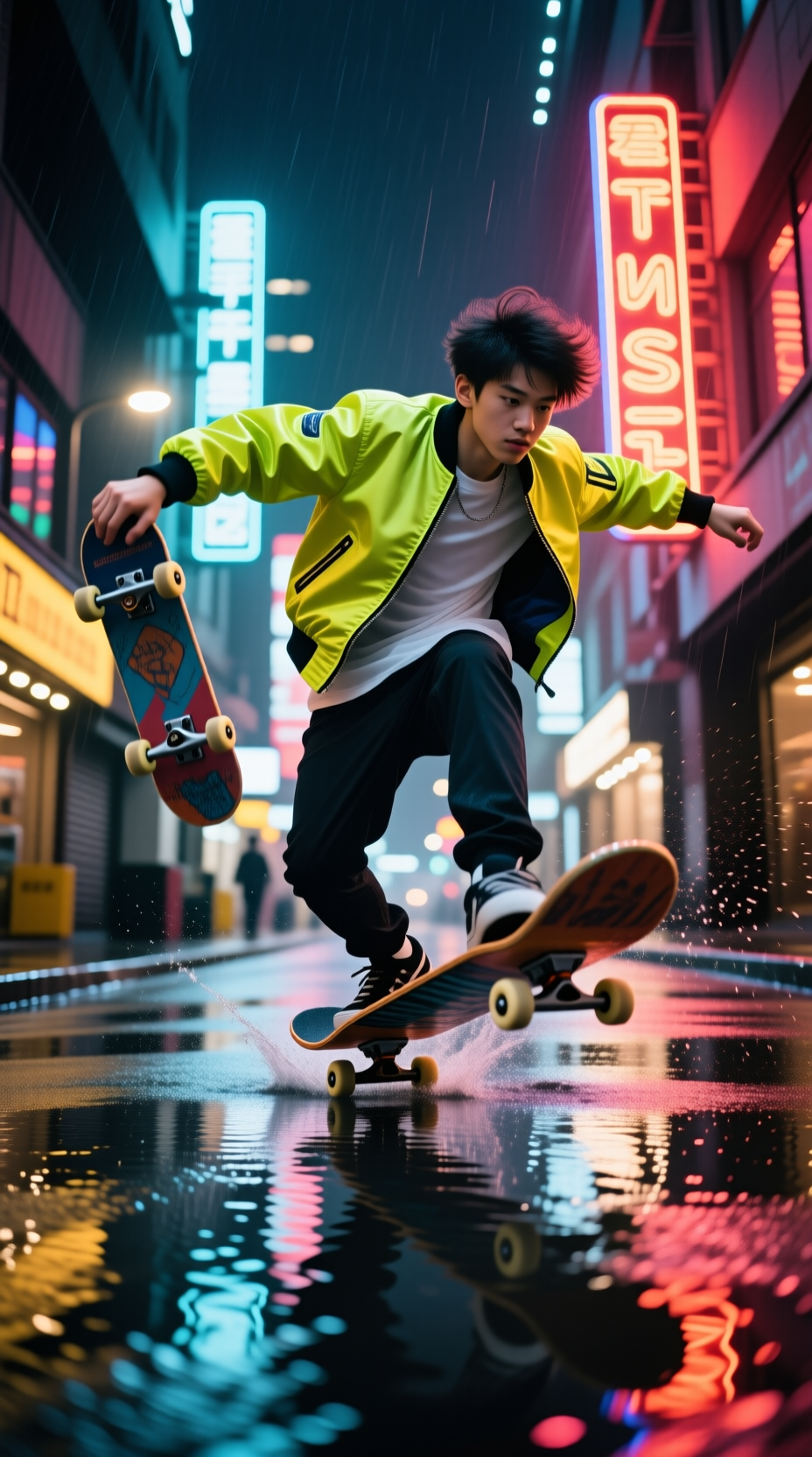 街头霓虹灯下,一位潮流少年穿着亮色夹克,手拿滑板做出炫酷动作,湿漉漉的街道反射灯光,氛围充满都市活力,摄影风格,高速快门捕捉动作瞬间,低角度特写,清晰锐利,8K画质