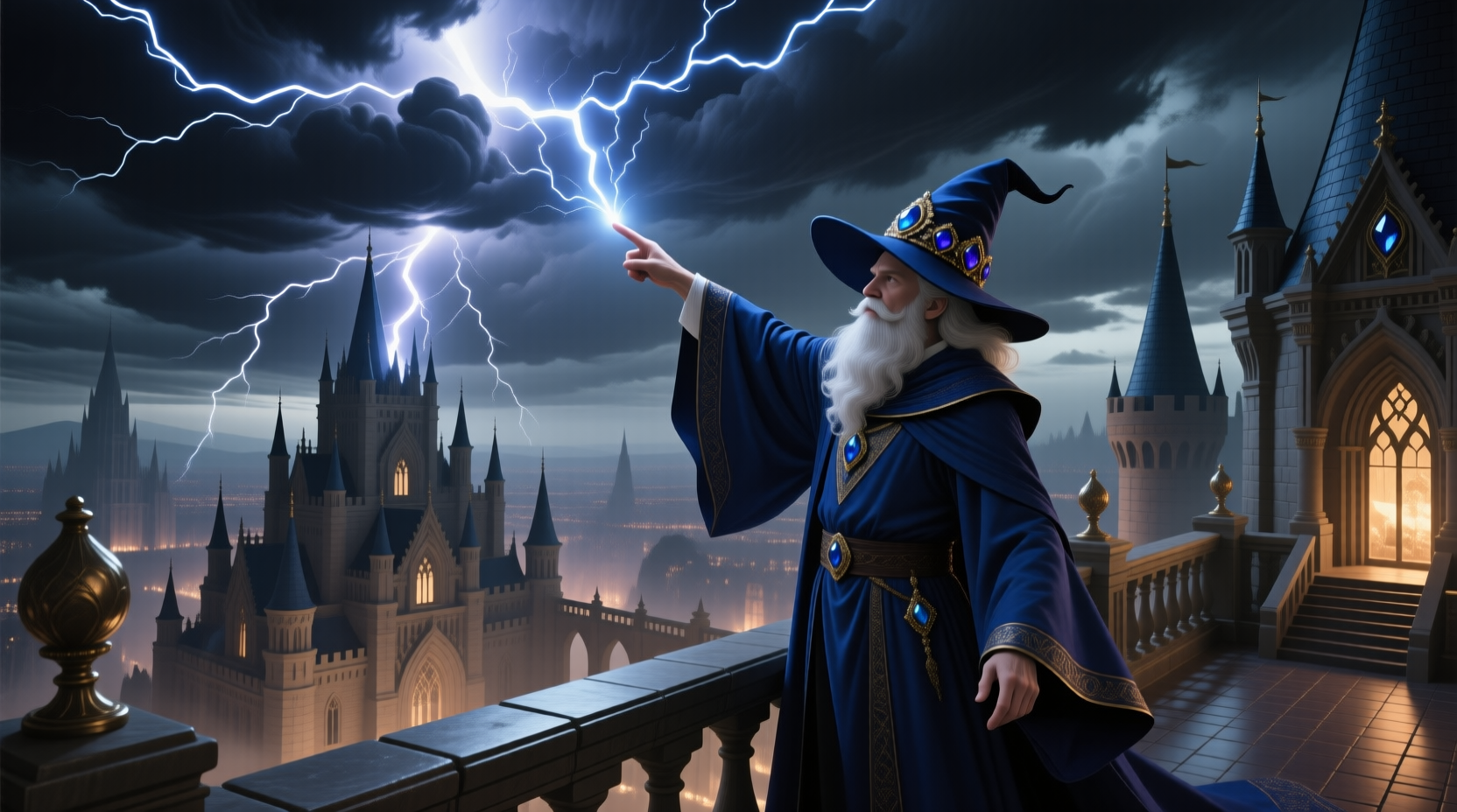 幻想城堡的顶楼,一位魔法师伸手指向天空释放闪电魔法,身穿深蓝色法袍,帽子上镶嵌宝石,雷电在黑云中闪烁,环境宏大史诗,概念艺术风格,广角镜头,精细光影和材质,8K高细节