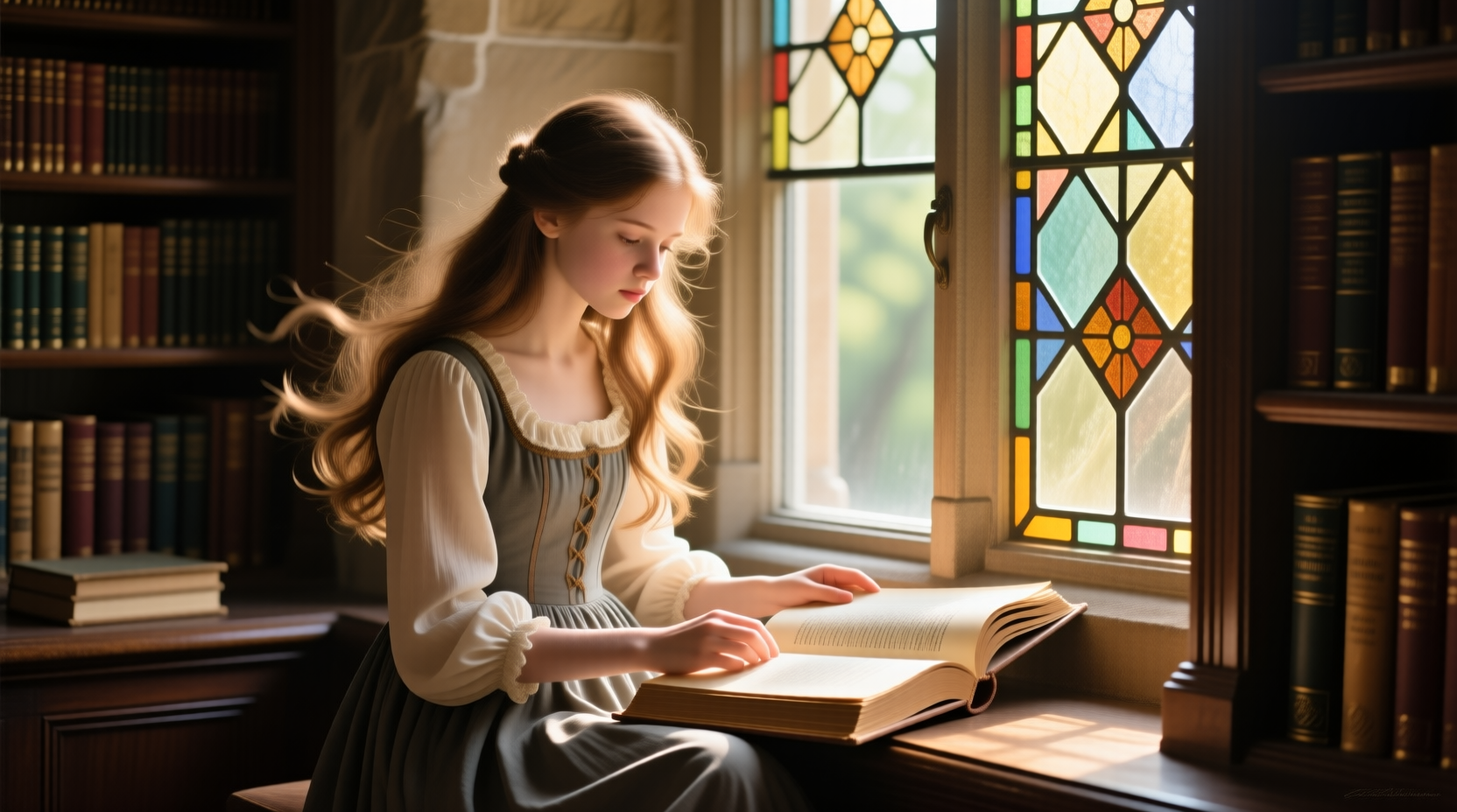 古老图书馆里,一名少女坐在窗边翻阅古籍,长发随风微微飘起,穿着复古连衣裙,阳光透过彩色玻璃窗洒在书页上,氛围静谧而温暖,油画风格,中景构图,精致细节,柔和光影