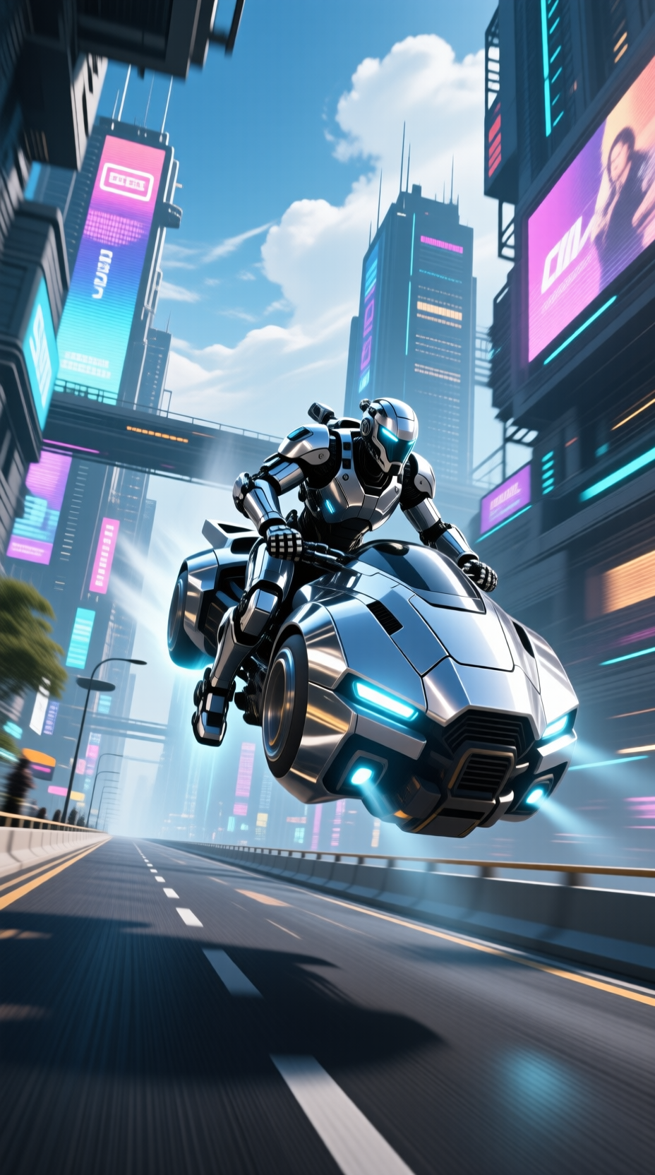 未来都市的空中道路上,一名机甲驾驶员驾驶飞行战车高速飞行,身穿银色机甲,光影反射在金属表面,天空布满霓虹广告,动作紧张刺激,科幻数字绘画风格,低角度广角镜头,8K超高细节