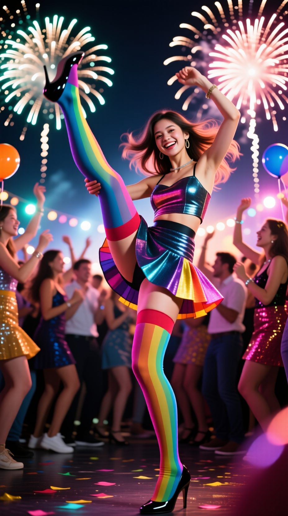 派对女孩穿彩色丝袜,美腿高抬起舞,穿着迷你裙,在节日庆典人群中,烟火灯光烘托欢乐氛围,写实风格,动态模糊构图,鲜艳色彩