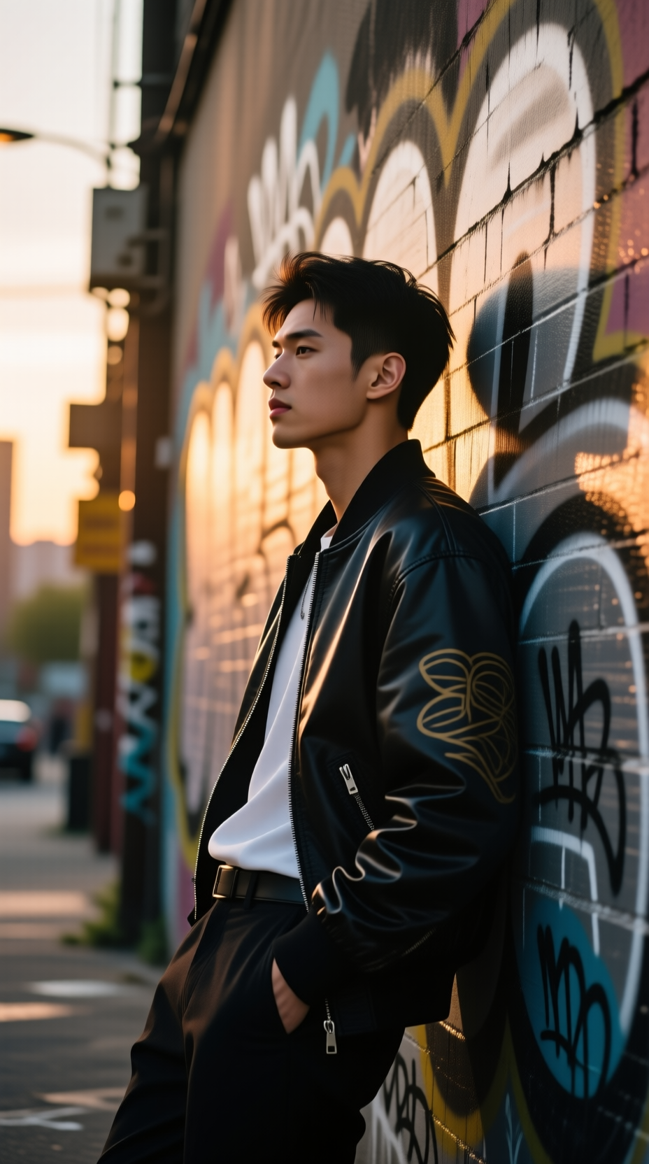 电影风格街头时尚角色侧面半身像,倚靠墙壁姿势,城市涂鸦墙面背景,黄昏柔和光线,胶片摄影风格,中景构图,高细节纹理
