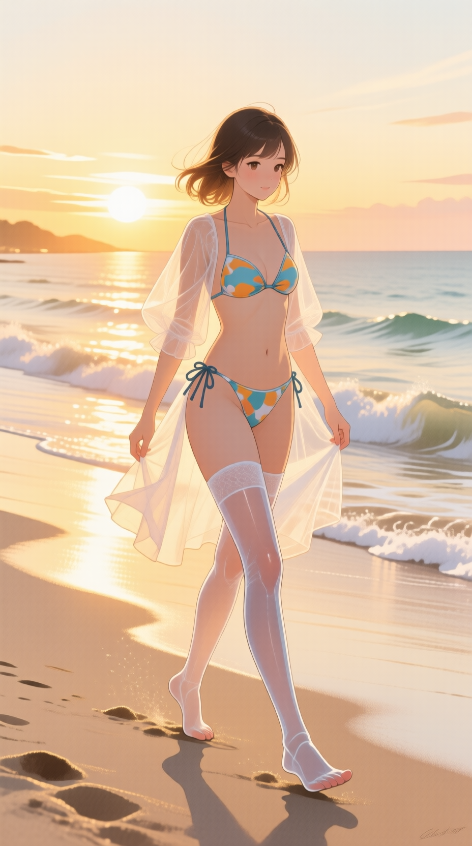 夏日少女穿透明丝袜,美腿漫步沙滩,配比基尼和薄纱,在海边日落时分,金色光线渲染浪漫气氛,水彩画风格,远景构图,柔和过渡