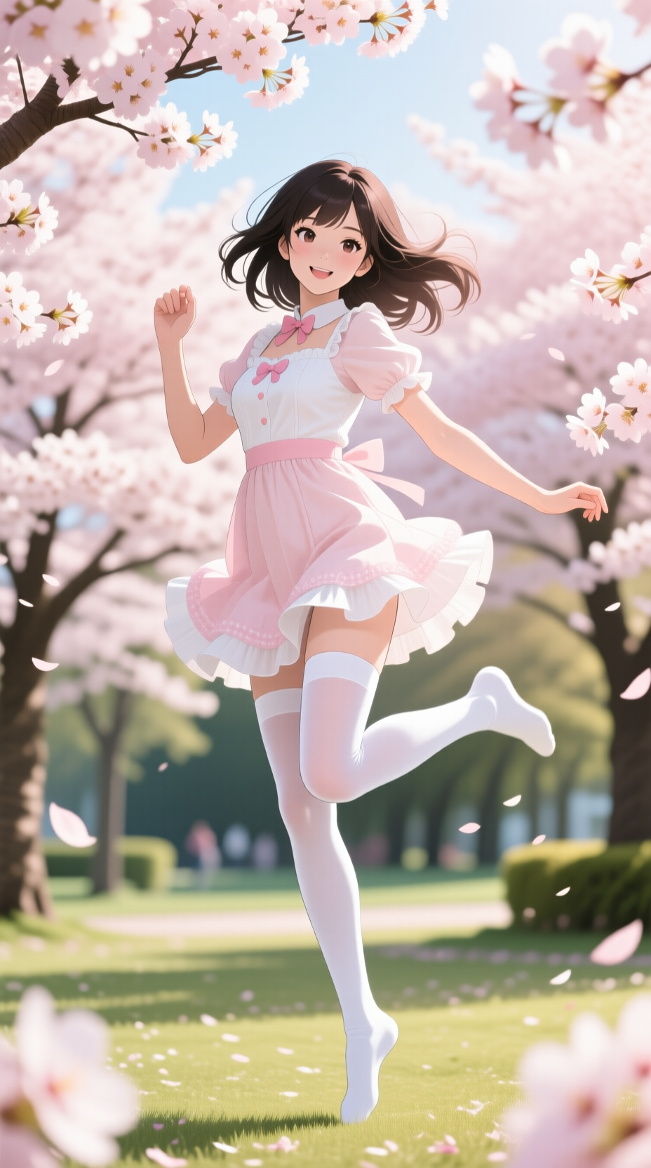甜美女模穿白色丝袜,美腿轻抬跳跃,配以可爱连衣裙,在樱花盛开的公园里,柔和阳光营造梦幻效果,动漫风格,动态构图,生动细节